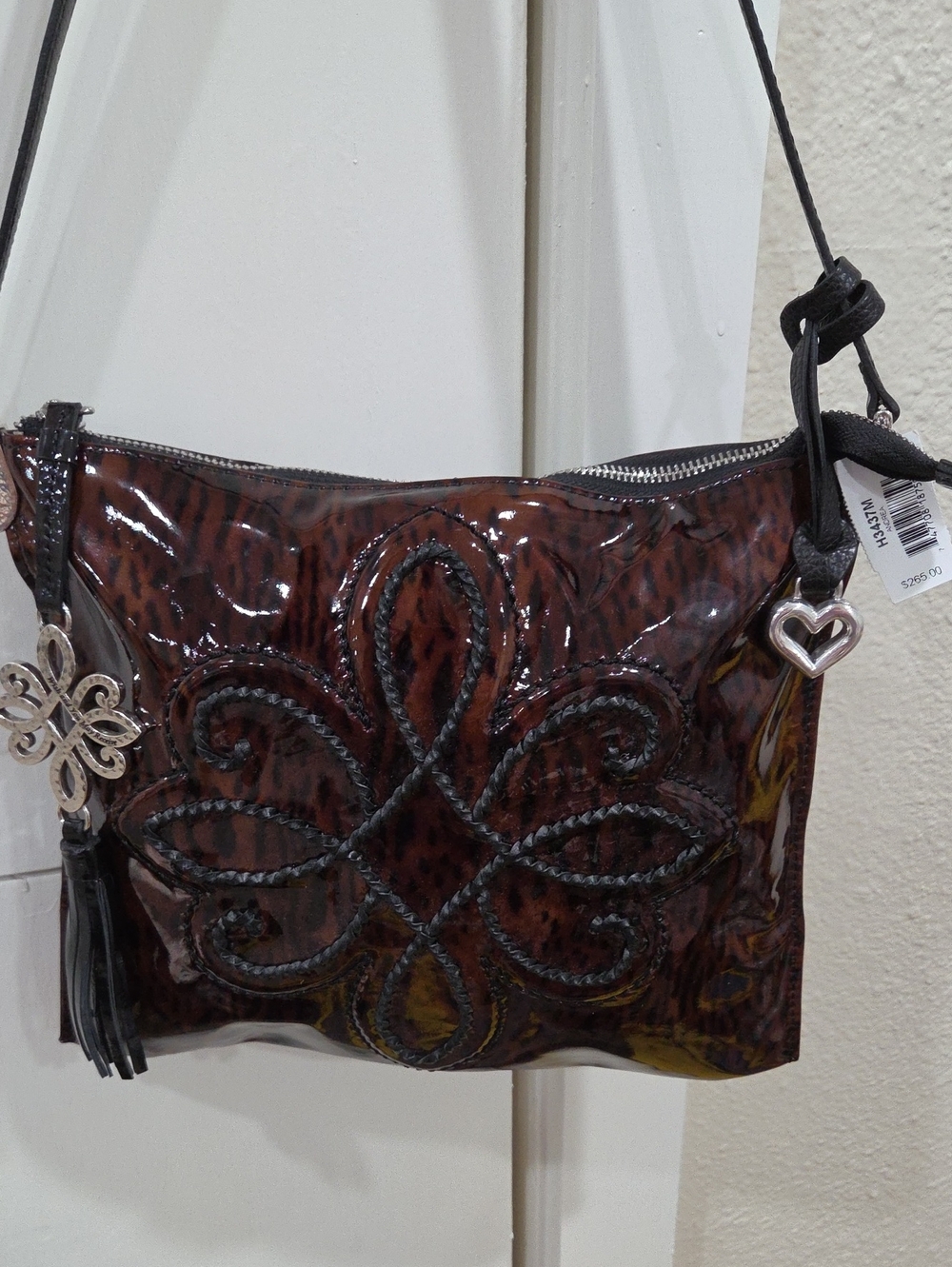 Brighton Brown Patent Leather Shoulder Bag with Decorative Stitching